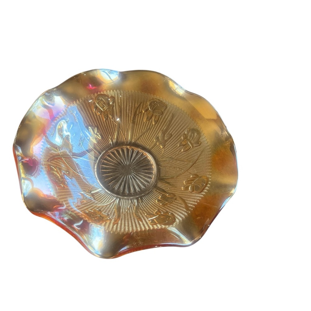 Vintage Jeanette Iris & Herringbone Carnival Glass bowl with a ruffled edge - Picture 5 of 7